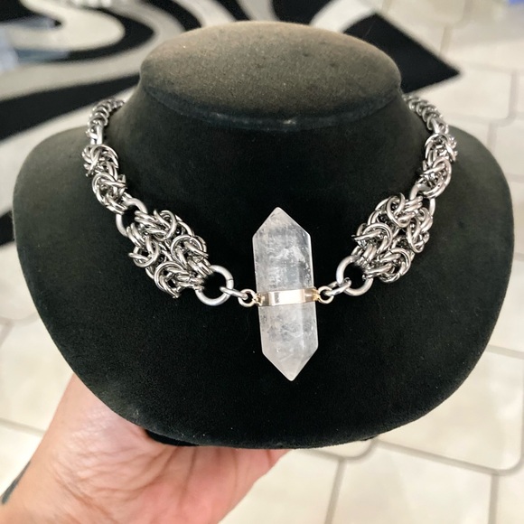 Silverskylight Jewelry - Genuine Double point clear crystal quartz maille silver boho choker necklace .